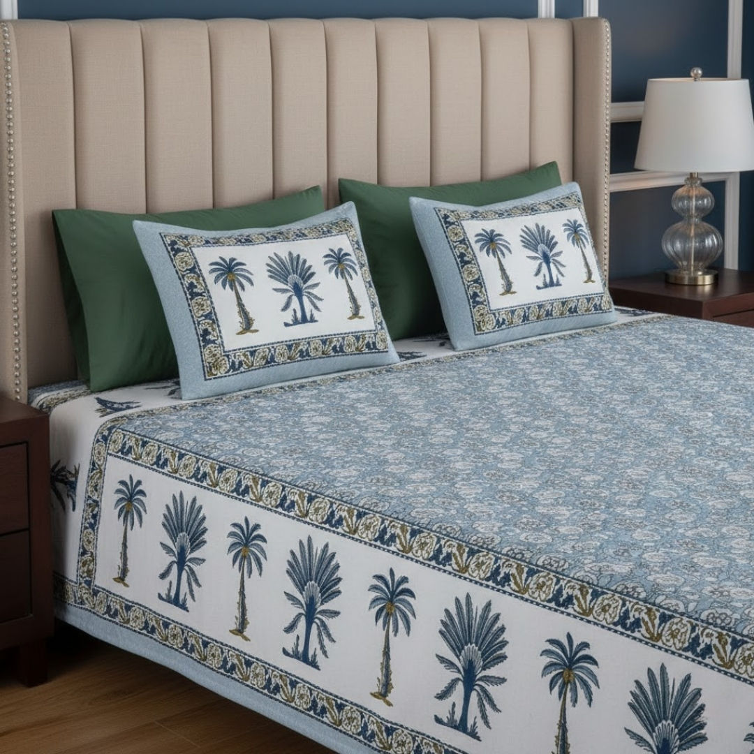 Whimsical Woodcuts Blue Block Print Pure Cotton Double Bedsheet